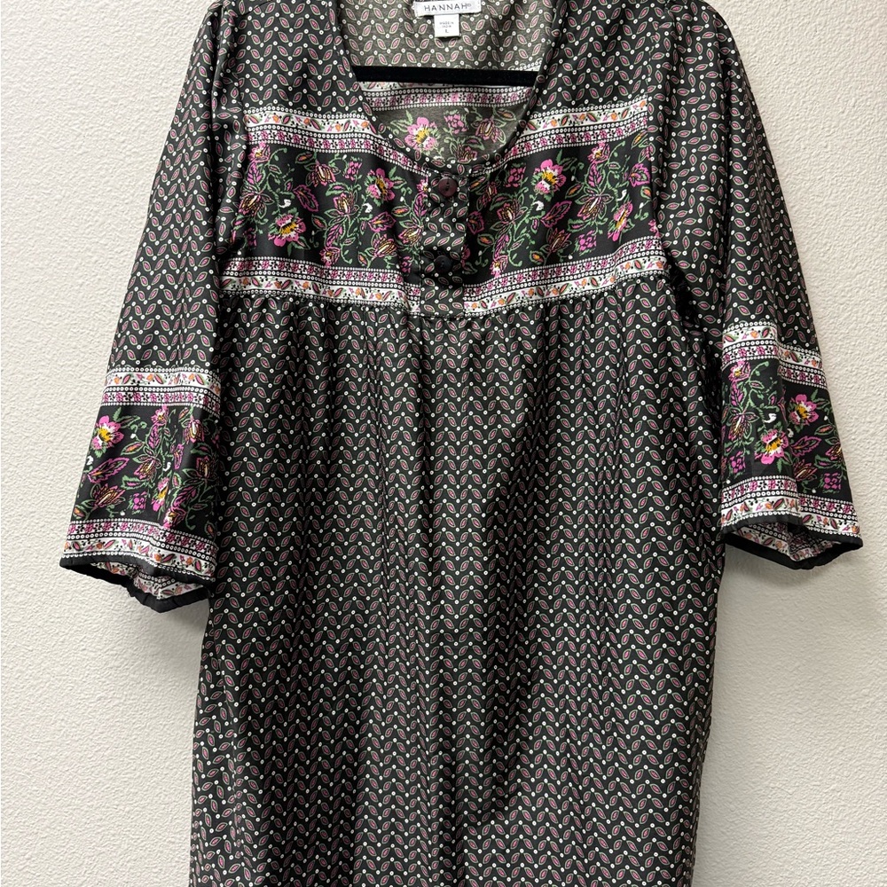 Hannah Boho Floral Paisley Blouse L Black Pink 3/4 Sleeve Top - Picture 2 of 9
